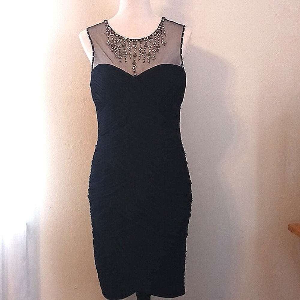 Adriana Papell dark blue ruching pleated dress perfect for a special occasion